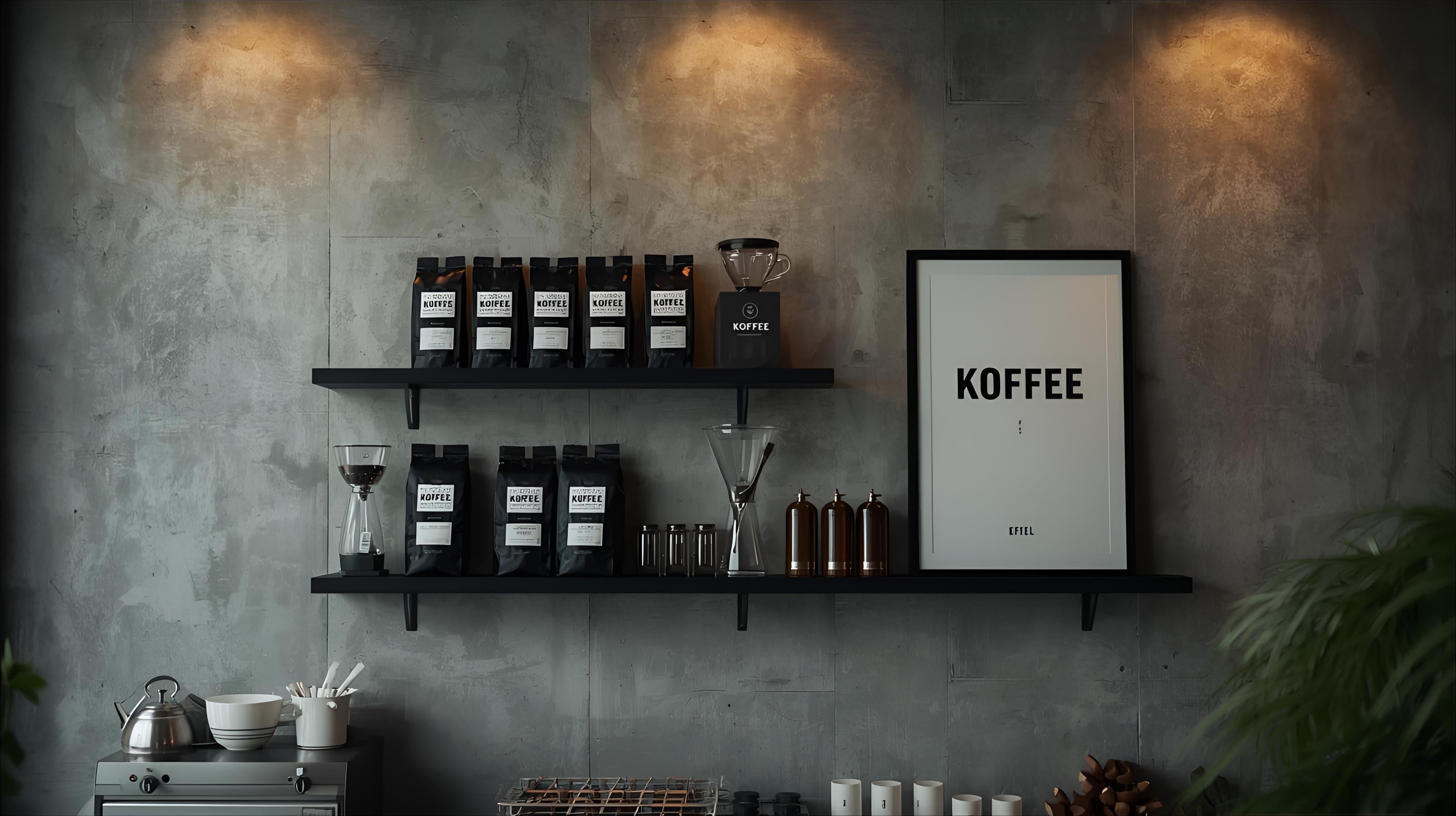 Shelves with coffee-related items against a textured wall with 'KOFFEE' poster.