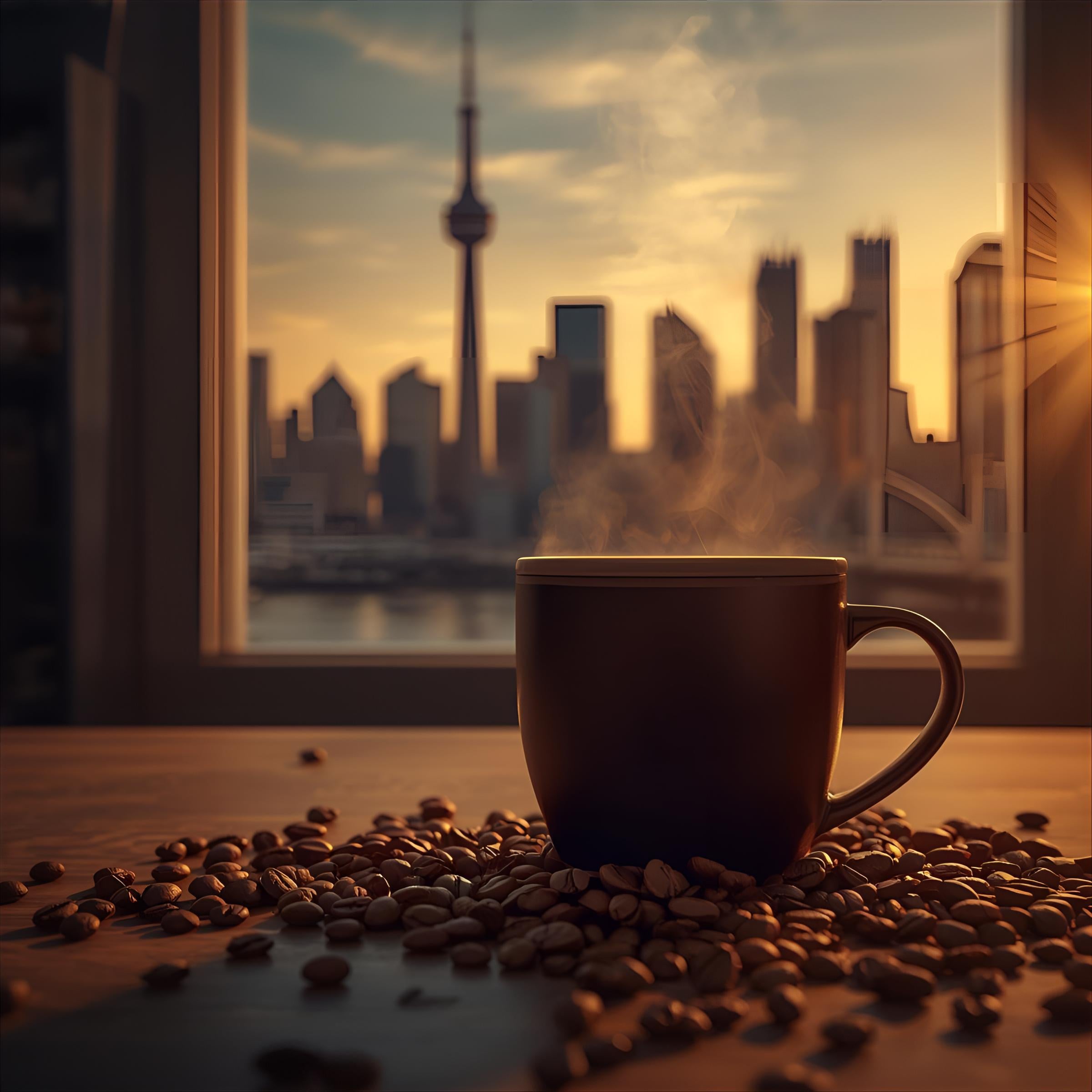 Steaming coffee cup on a table with coffee beans and a city skyline in the background