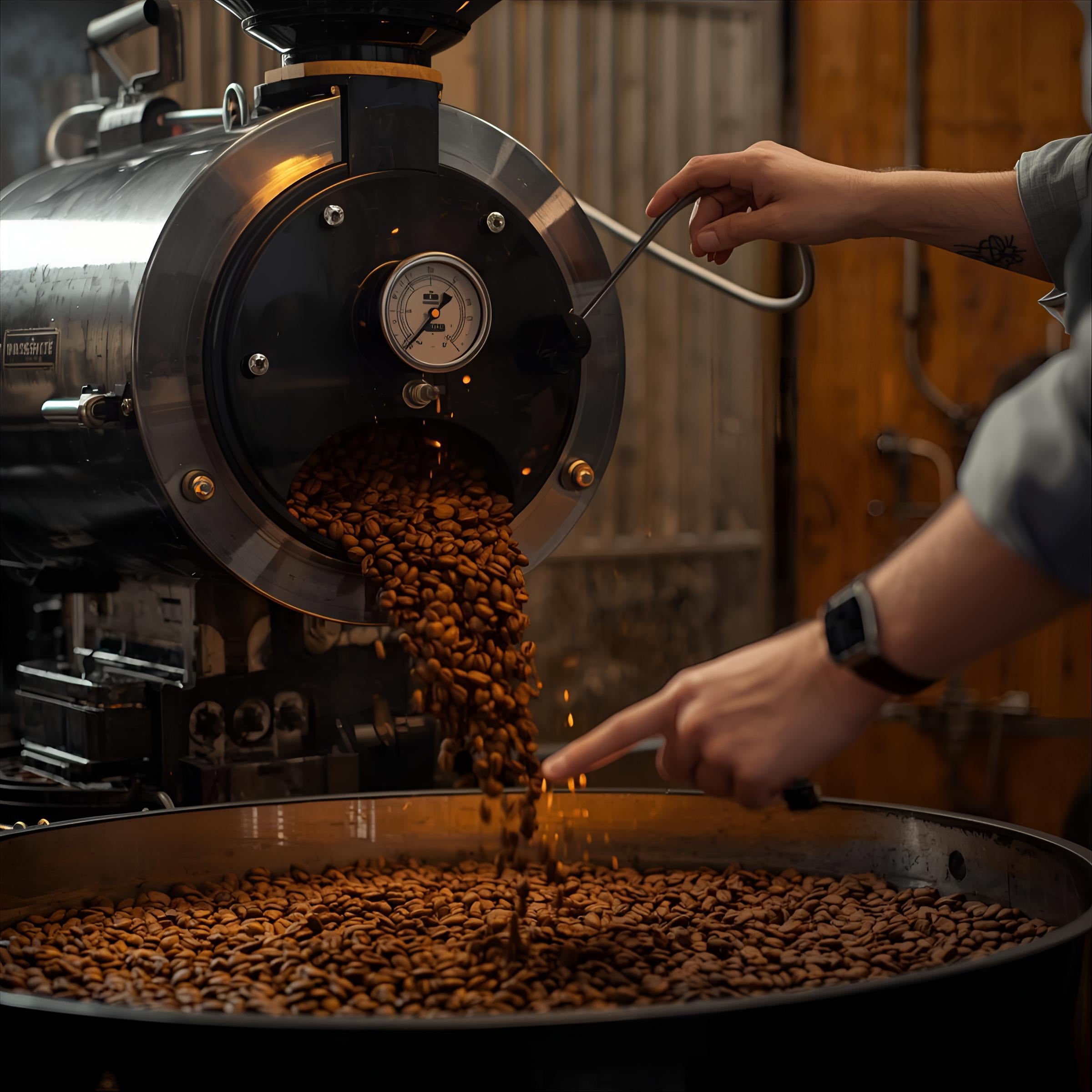 Coffee roasting process with a person using a machine to pour roasted coffee beans into a large pan.
