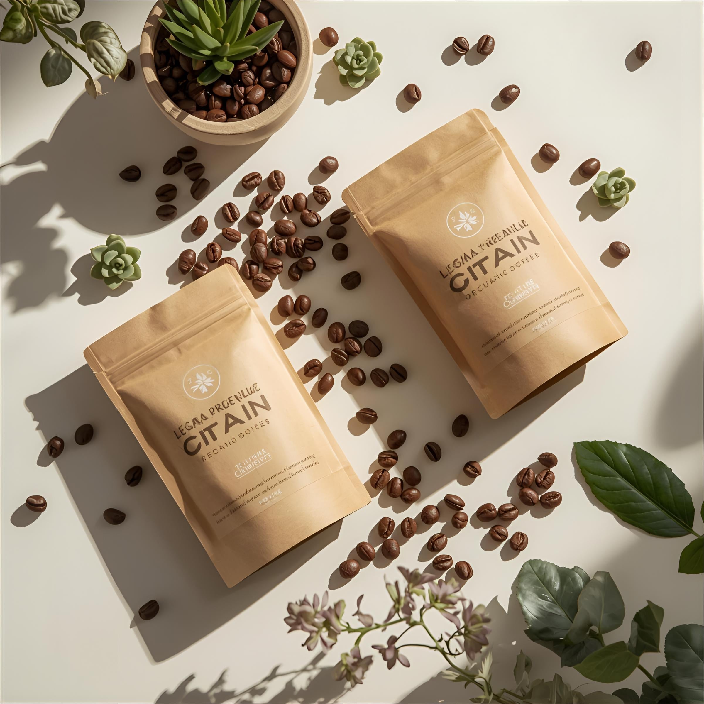 Two brown coffee bags labeled 'Gitan' with scattered coffee beans on a light surface with plants.