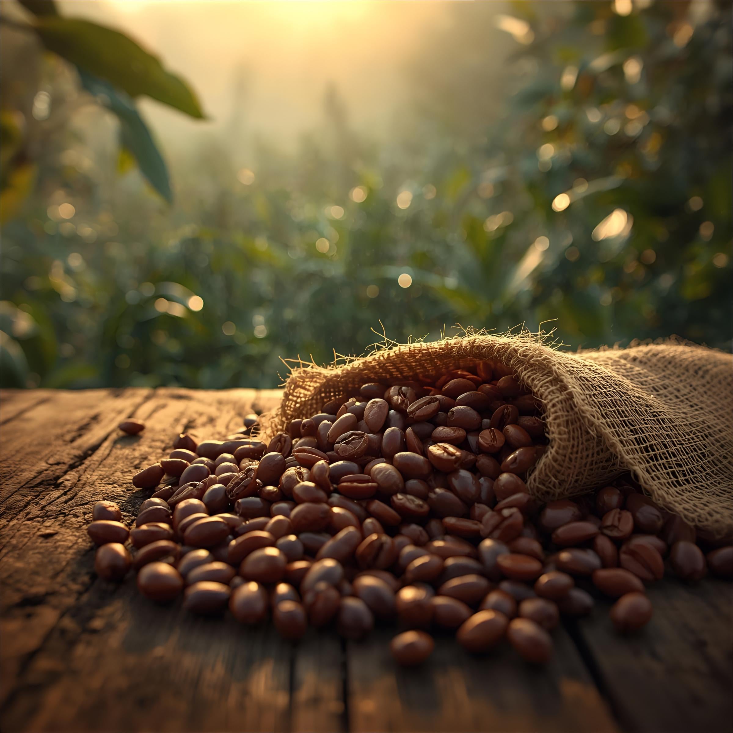 Roasted coffee beans spilling from a burlap bag on a wooden surface with a blurred green field in the background.